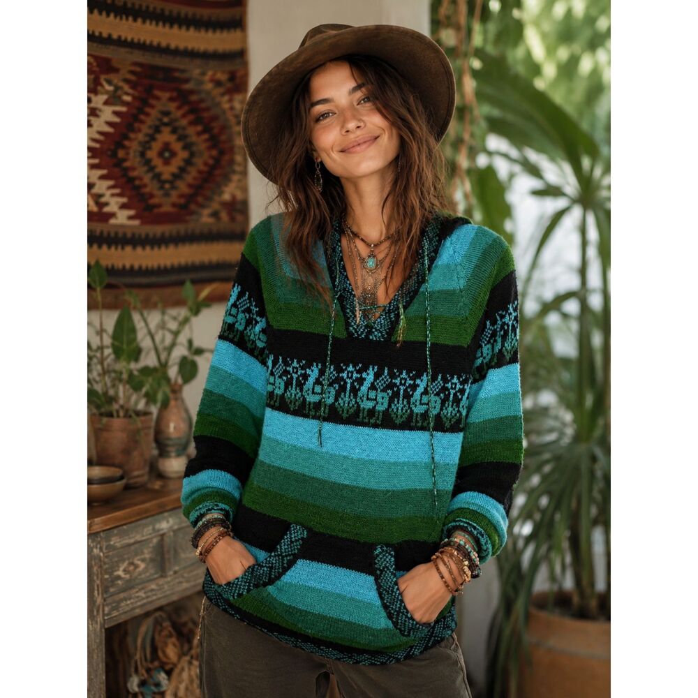 ALPACA Inca Peru Green Blue Stripe Pullover Hoodie Top   Women's Size Medium